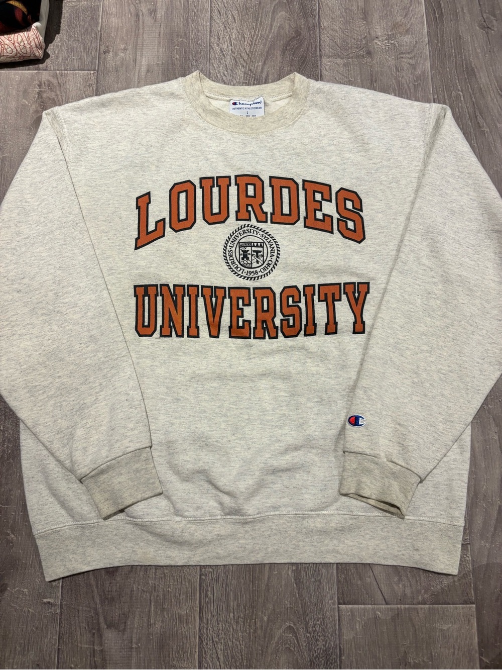 Champion Gray Lourdes University Crewneck Sweatshirt with Orange Lettering